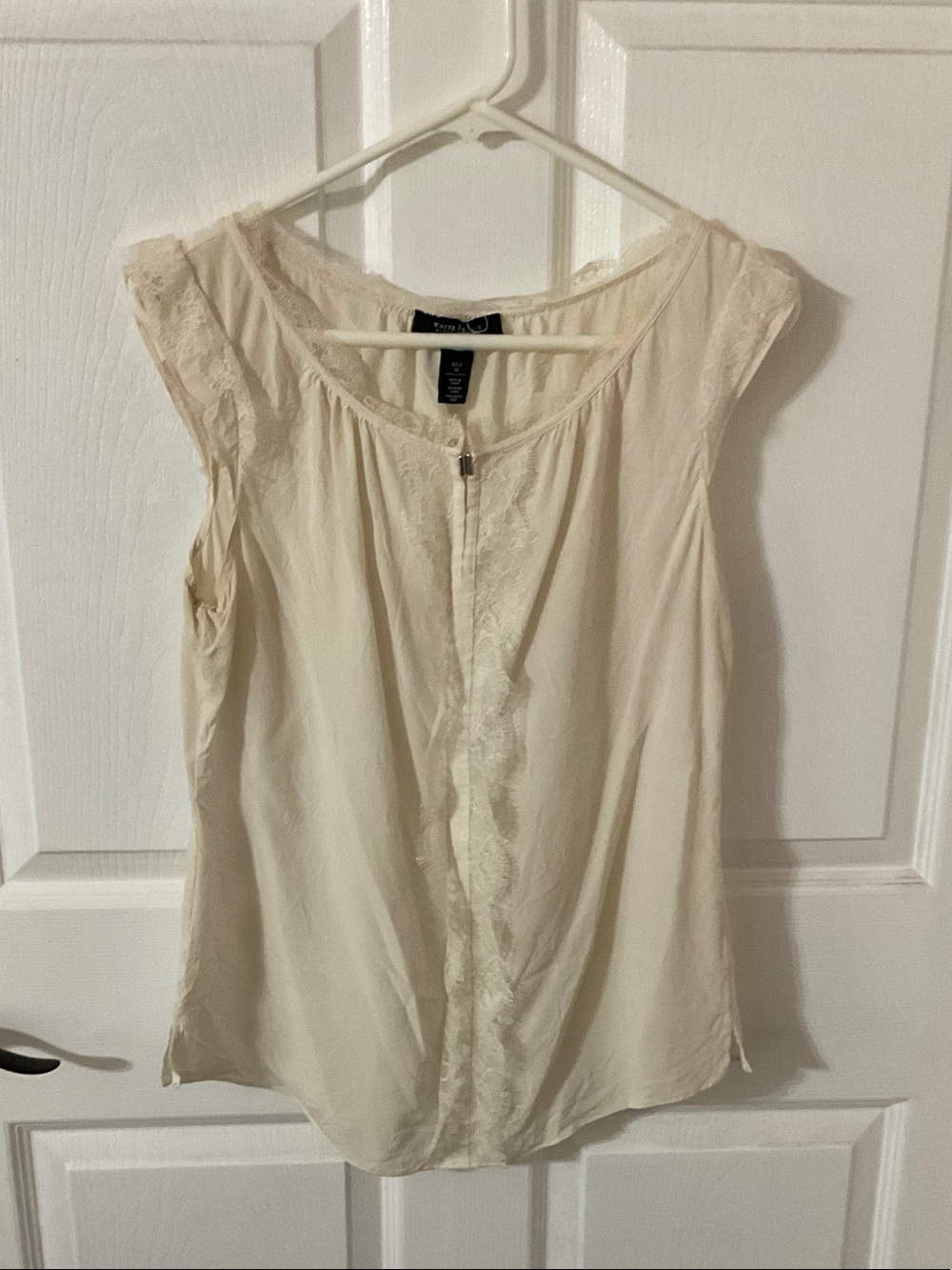 White House Black Market Cream silk Lace-Trim Cap-Sleeve Blouse